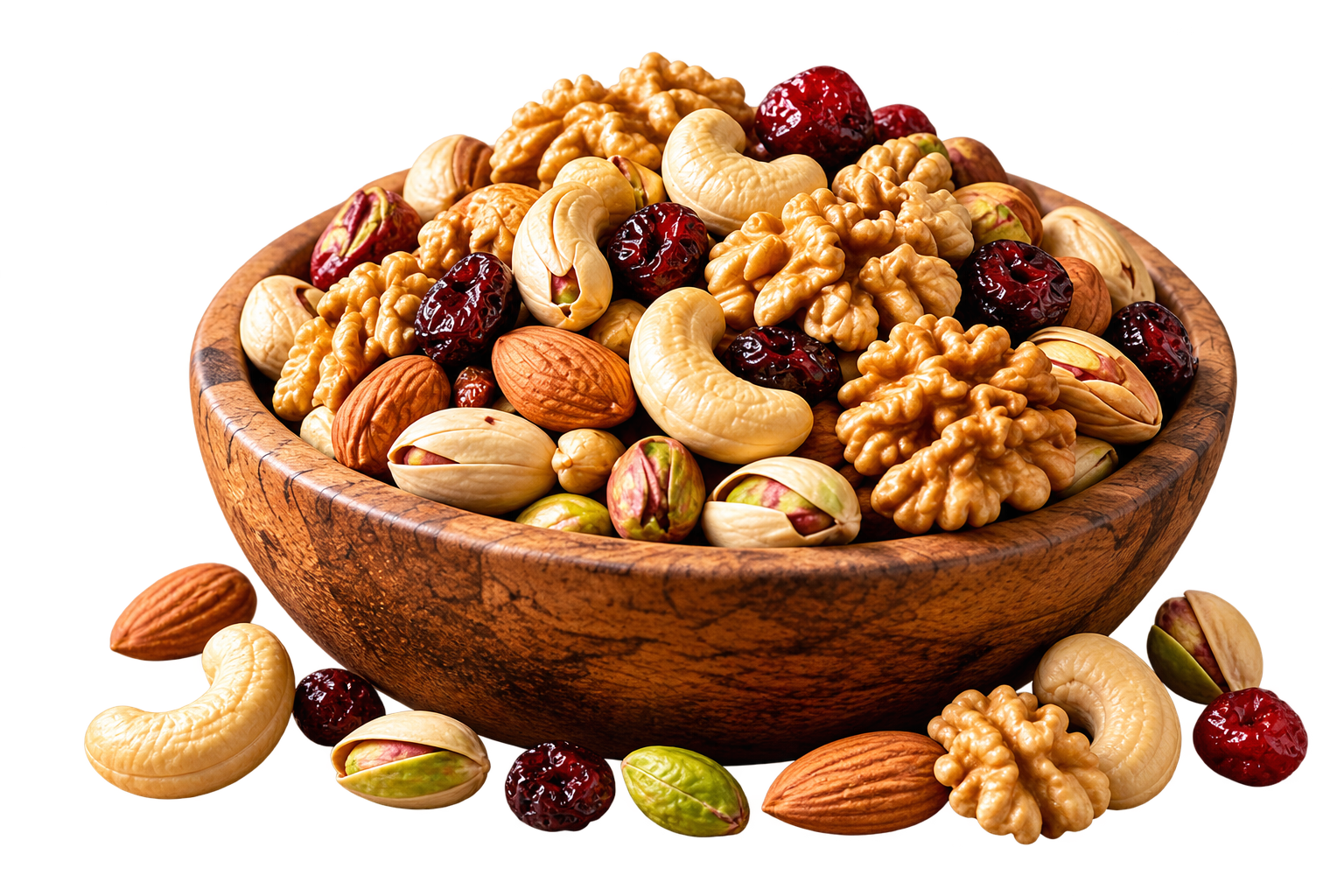 Bowl of mixed premium nuts and dried fruit
