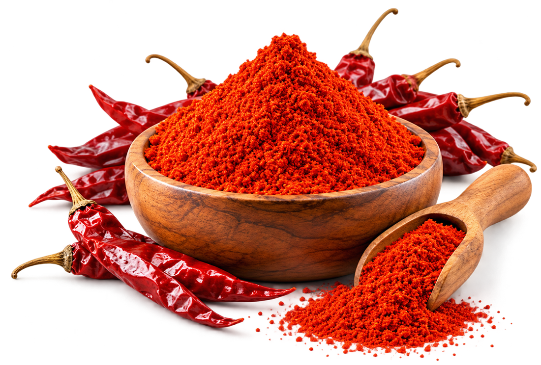 Red chilli powder in a wooden bowl